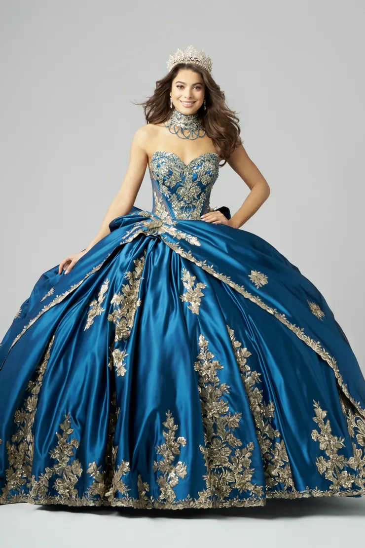 AmaBella Quinceanera Style #QA152 #7 Teal/Gold frontface vertical picture