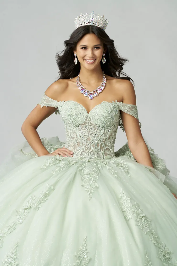 AmaBella Quinceanera Style #QA153 #4 Sage frontface vertical cropped picture