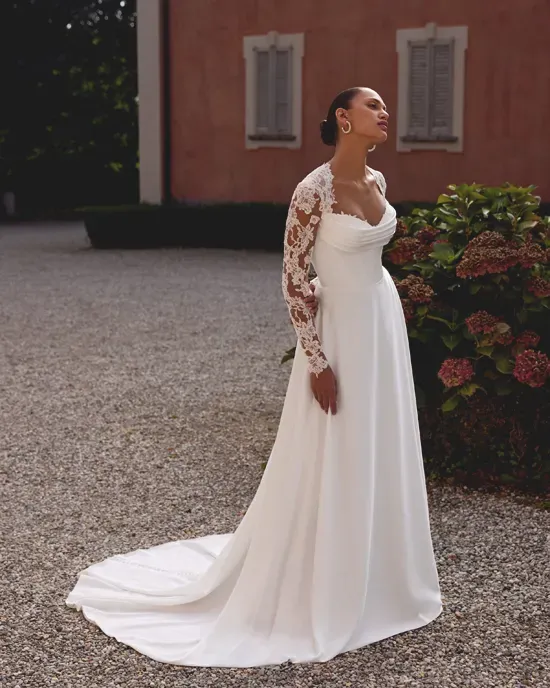chinese dress ladies Signature by Justin Alexander Hughes Wedding Dress - Lace Fit and Flare Bridal Gown with Off-The-Shoulder Long Sleeves - Size 12