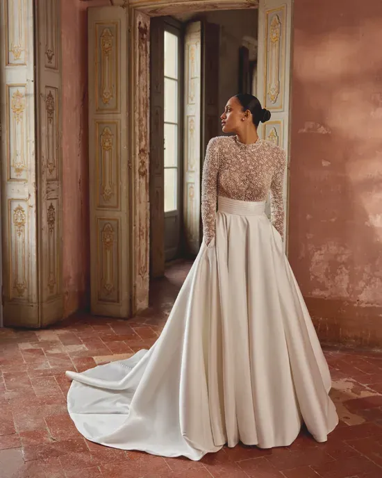 justin alexander long sleeve dress 99040: Long Sleeve A-Line Gown with Shoulder Pleats