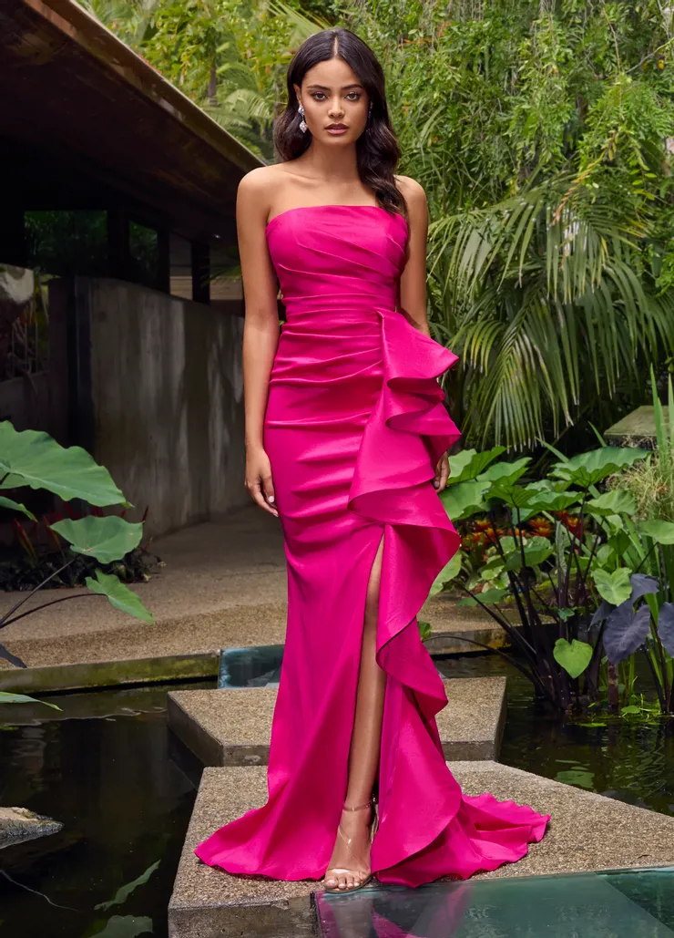Ashley Lauren Style #11751 Strapless Taffeta Gown with Side Ruffle and Left Leg Slit #1 frontface vertical picture