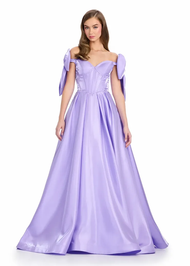 Ashley Lauren Style #11871 Satin A-Line Gown with Corset Bustier & Off Shoulder Bows #1 frontface vertical picture