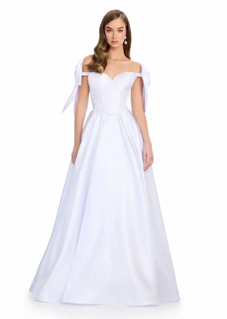 Ashley Lauren Style #11871 Satin A-Line Gown with Corset Bustier & Off Shoulder Bows #1 frontface vertical picture