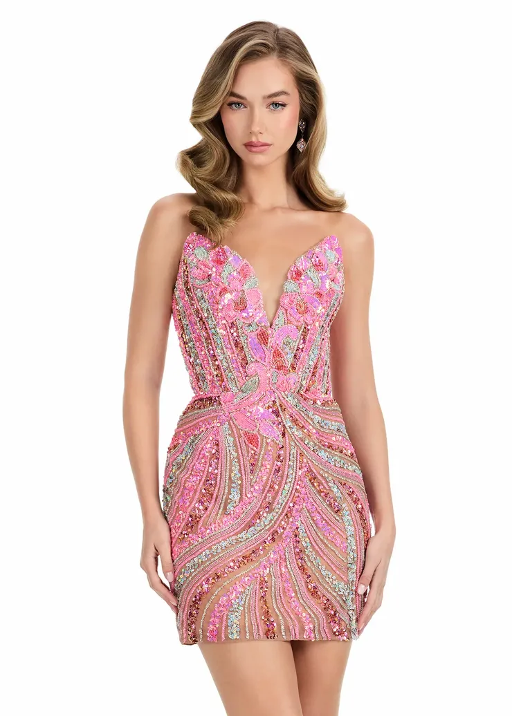 open lace back dress ASHLEYlauren 11236 - Red/Coral Floral Beaded Gown