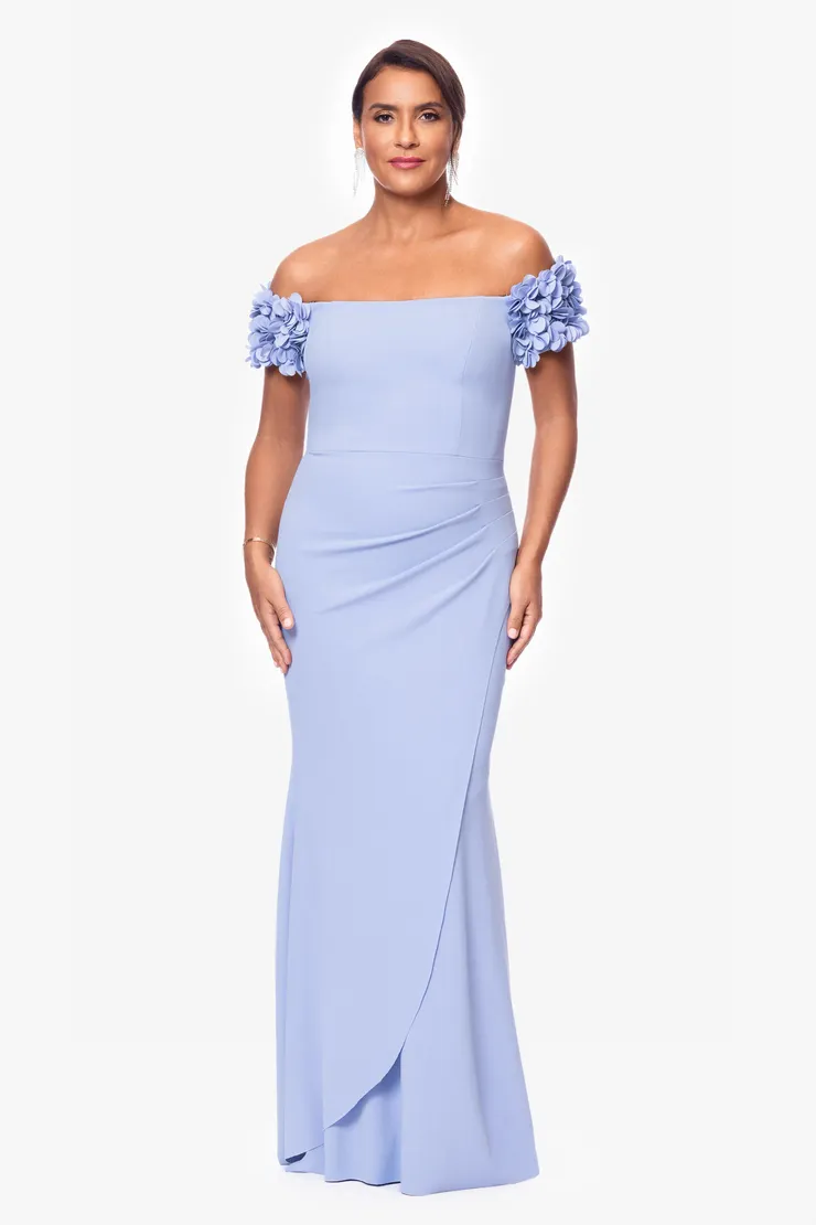xscape evening dresses New Evenings LYRA Mesh Long Sleeve Ruffled Scuba Gown In Black Sz 8P $259 shoulder and a one shoulder design Xscape Evenings "Flo" One Shoulder