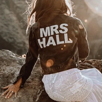Heirloom Bridal Varsity Pearl Lettered Denim Jacket for Bride #1 backface vertical thumbnail