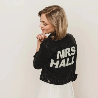 Heirloom Bridal Varsity Pearl Lettered Denim Jacket for Bride #2 backface vertical thumbnail