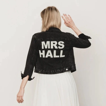 Heirloom Bridal Varsity Pearl Lettered Denim Jacket for Bride #3 backface vertical thumbnail