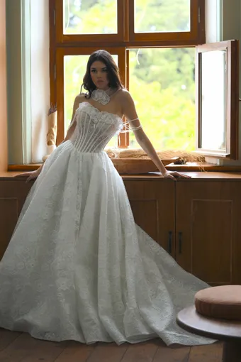 Jana Ann Couture Style #Fiorella – Floral Embroidered Corset Ballgown with Shoulder Straps #1 frontface vertical thumbnail