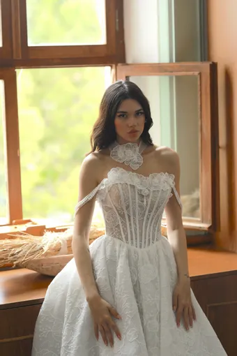 Jana Ann Couture Style #Fiorella – Floral Embroidered Corset Ballgown with Shoulder Straps #2 frontface vertical cropped thumbnail