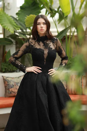 Jana Ann Couture Style #Ravenna 2-in-1 – Black Lace Ballgown with Detachable Illusion Top #2 frontface vertical cropped thumbnail