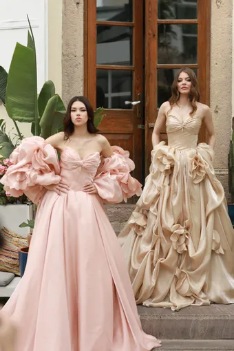 Jana Ann Couture Style #Solene – Champagne Satin Wedding Dress with Floral Draped Skirt #0 default frontface vertical thumbnail