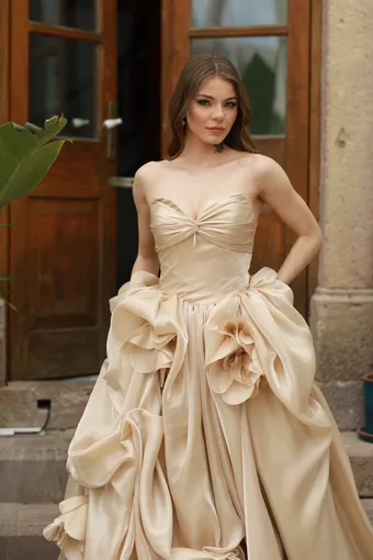 Jana Ann Couture Style #Solene – Champagne Satin Wedding Dress with Floral Draped Skirt #1 frontface vertical cropped thumbnail