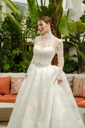 Jana Ann Couture Style #Valeria 2-in-1 – Ivory Lace Ballgown with Detachable High Neck Top #0 default frontface vertical cropped thumbnail