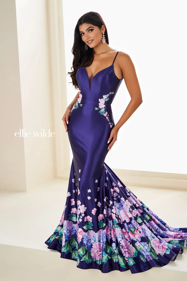 EW37000 Floral mermaid dress w/ shimmering stone accents & daring open back #0 default Dark Purple/Multi frontface vertical picture