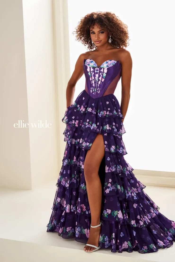 EW37001 Tiered A-line floral chiffon prom dress w/ sparkling stone accents #0 default Dark Purple/Multi frontface vertical picture