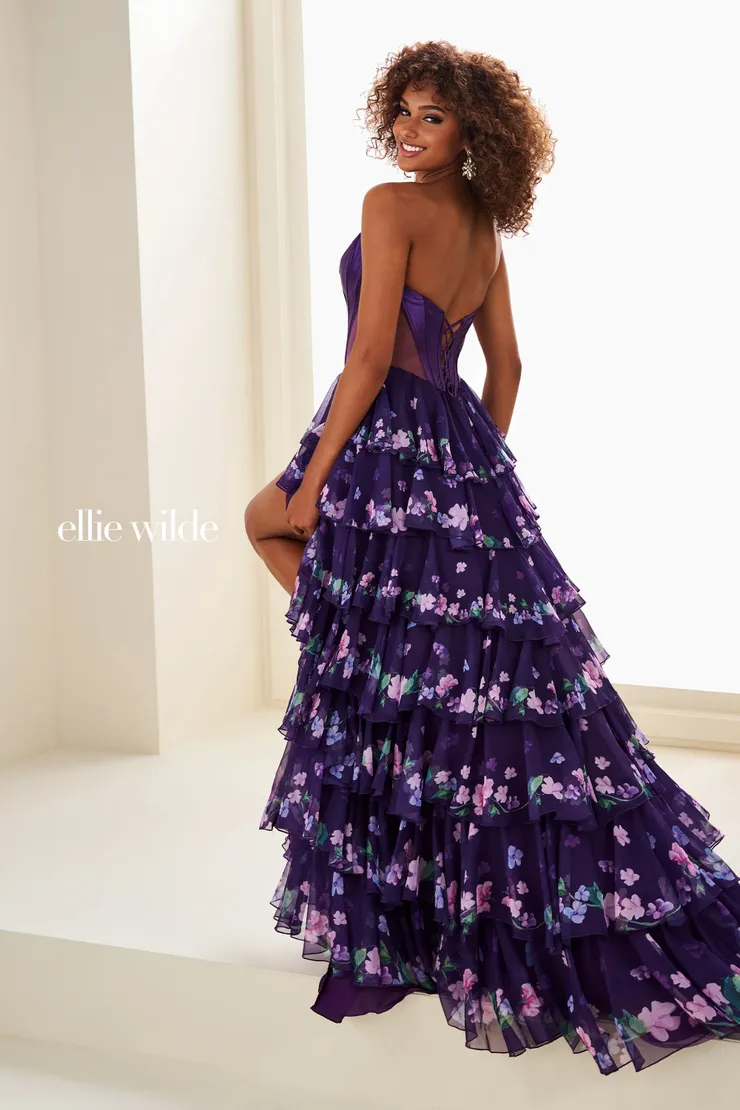 EW37001 Tiered A-line floral chiffon prom dress w/ sparkling stone accents #3 default Dark Purple/Multi backface vertical picture