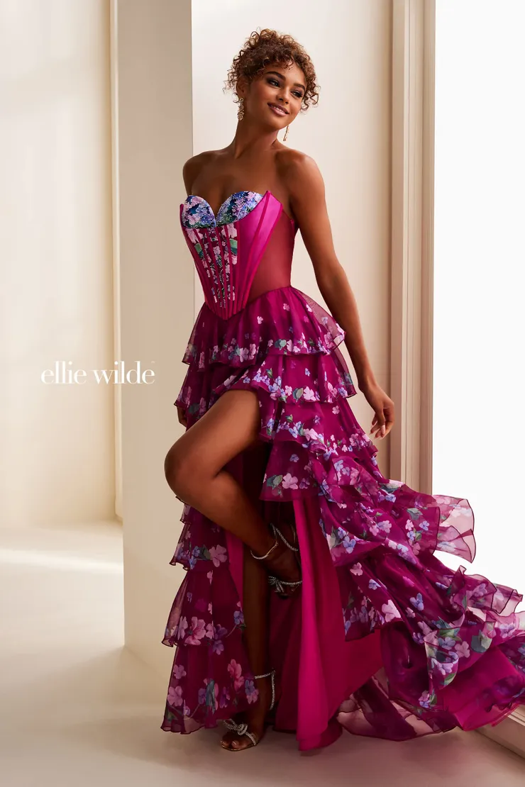 EW37001 Tiered A-line floral chiffon prom dress w/ sparkling stone accents #4 Magenta/Multi frontface vertical picture