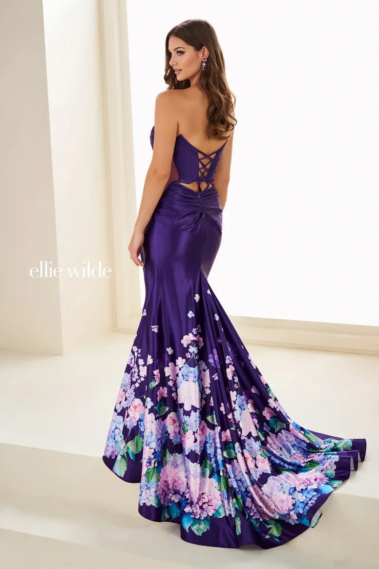 EW37002 Floral mermaid prom dress w/ stone-accented bodice & sheer side cutouts #4 default Dark Purple/Multi backface vertical picture