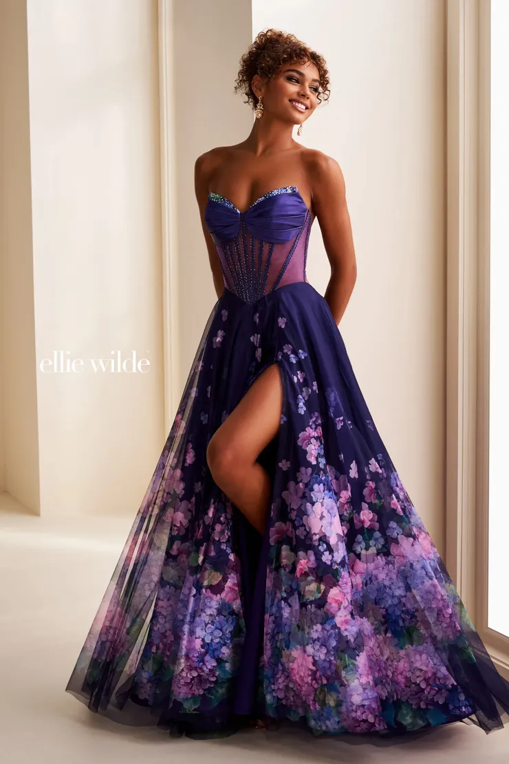 EW37003 A-line floral prom dress w/ sheer corset bodice, lace-up back & pockets! #0 default Dark Purple/Multi frontface vertical picture