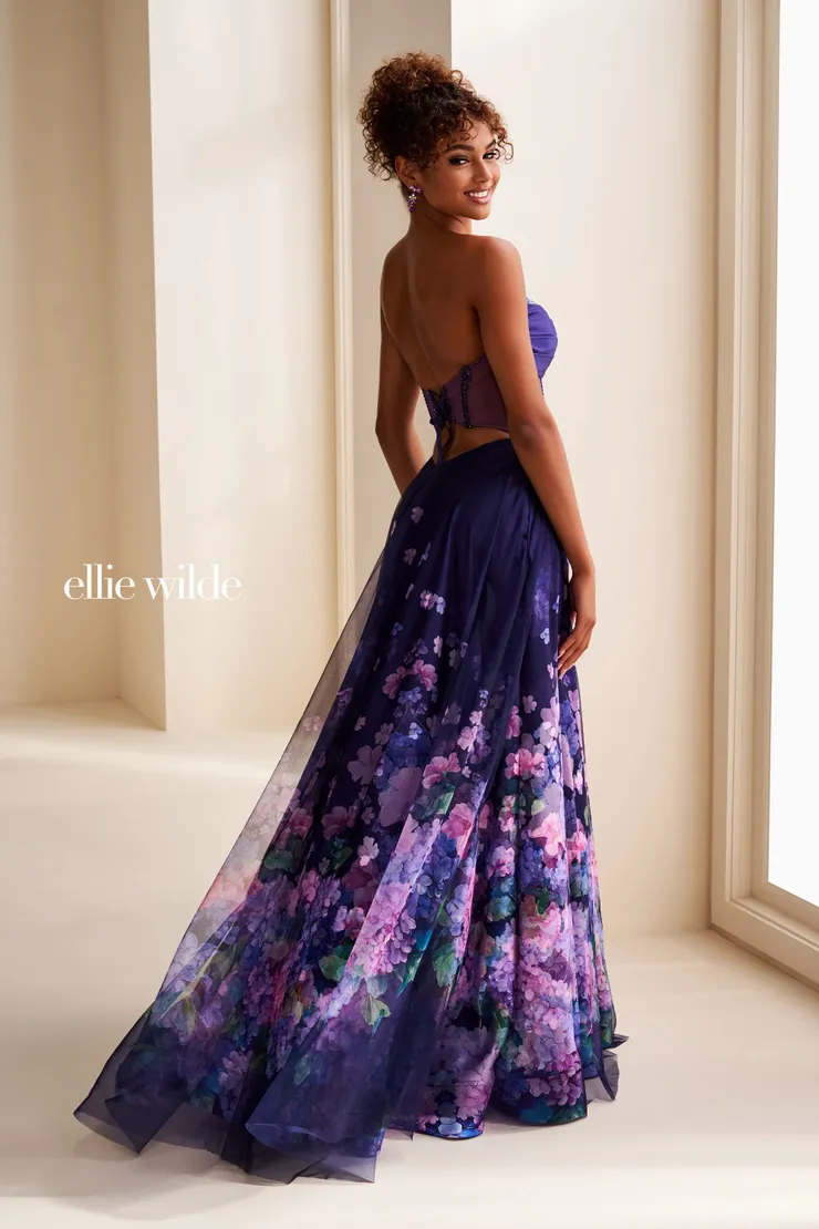 EW37003 A-line floral prom dress w/ sheer corset bodice, lace-up back & pockets! #3 default Dark Purple/Multi backface vertical picture