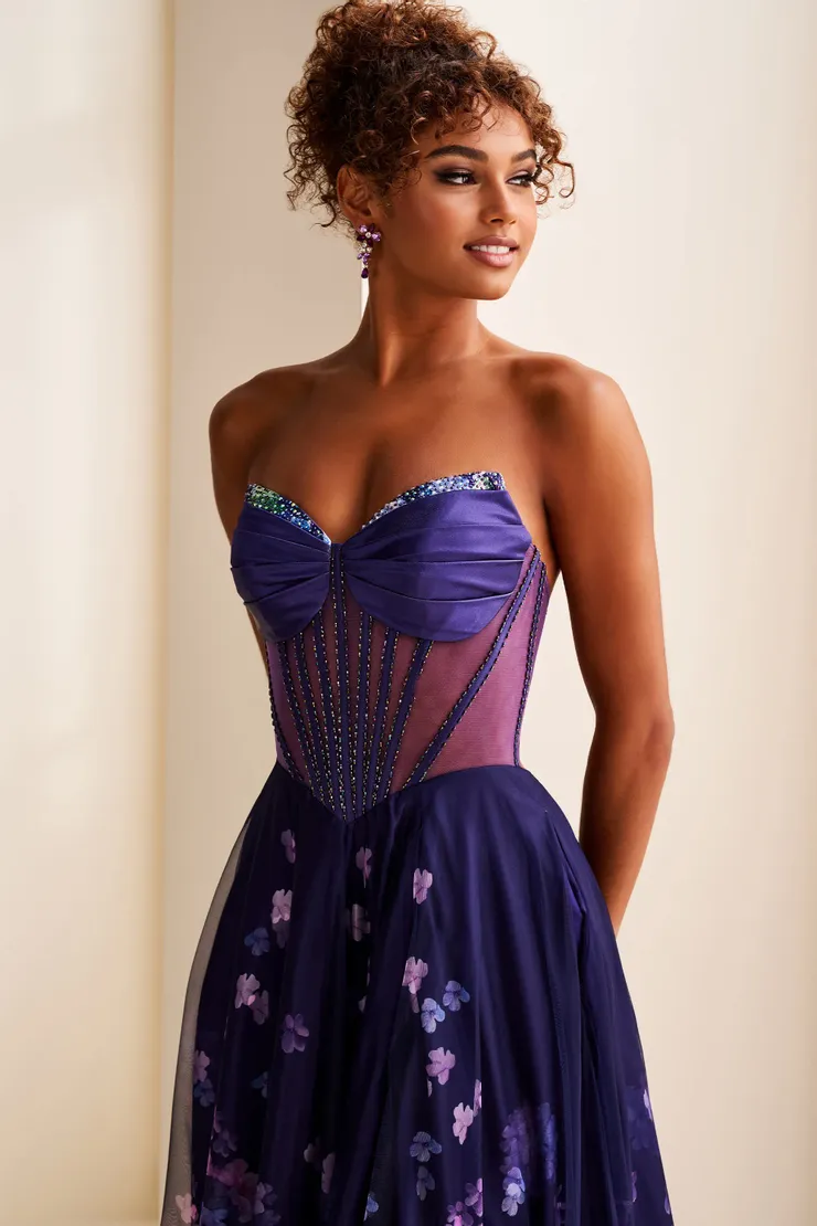 EW37003 A-line floral prom dress w/ sheer corset bodice, lace-up back & pockets! #5 Dark Purple/Multi frontface vertical cropped picture