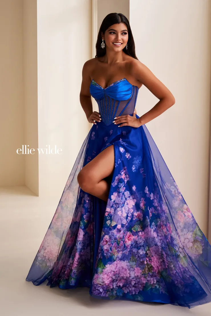 EW37003 A-line floral prom dress w/ sheer corset bodice, lace-up back & pockets! #0 default Royal/Multi frontface vertical picture