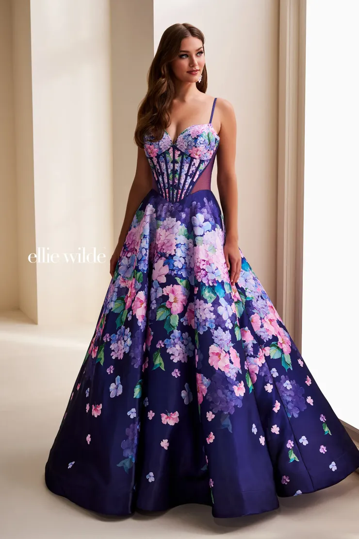 EW37004 Floral ball gown prom dress w/ sweetheart neckline corset bodice #3 Dark Purple/Multi frontface vertical picture