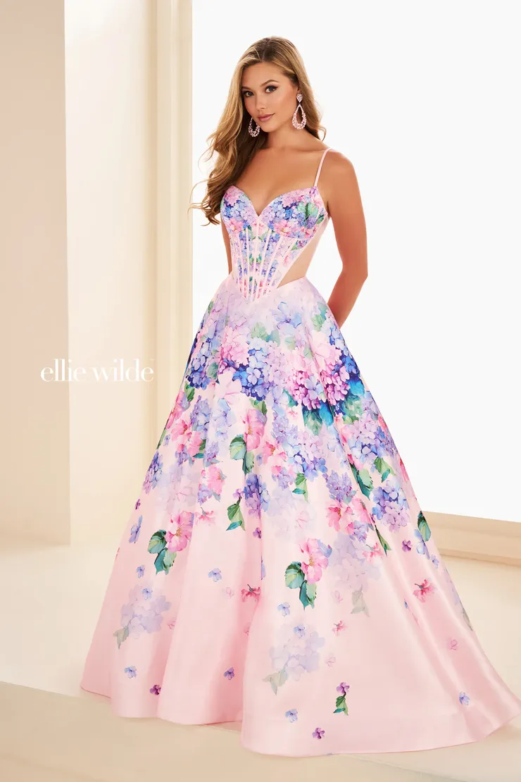 EW37004 Floral ball gown prom dress w/ sweetheart neckline corset bodice #0 default Light Pink/Multi frontface vertical picture