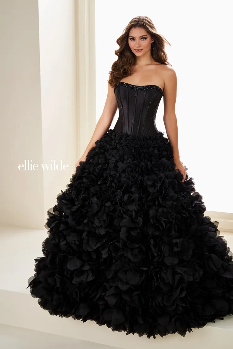 EW37006 Dreamy ball gown w/ corset bodice & a skirt that blooms into a breathtaking sea of soft, voluminous petals #4 Black frontface vertical picture