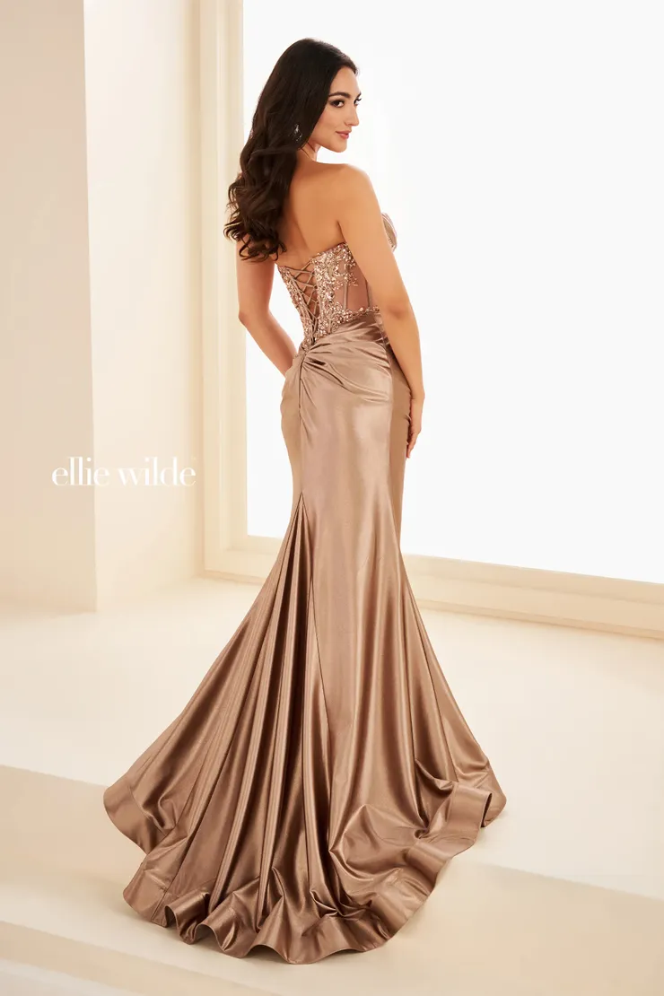 EW37014 Sparkling Strapless Mermaid Dress w/ Lace-Up Corset Bodice #2 default Frosted Bronze backface vertical picture