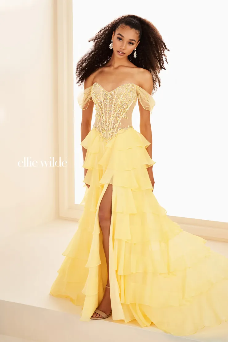 EW37018 Off-the-Shoulder Tiered Ruffle Gown w/ Beaded Accents #3 Canary Yellow frontface vertical picture