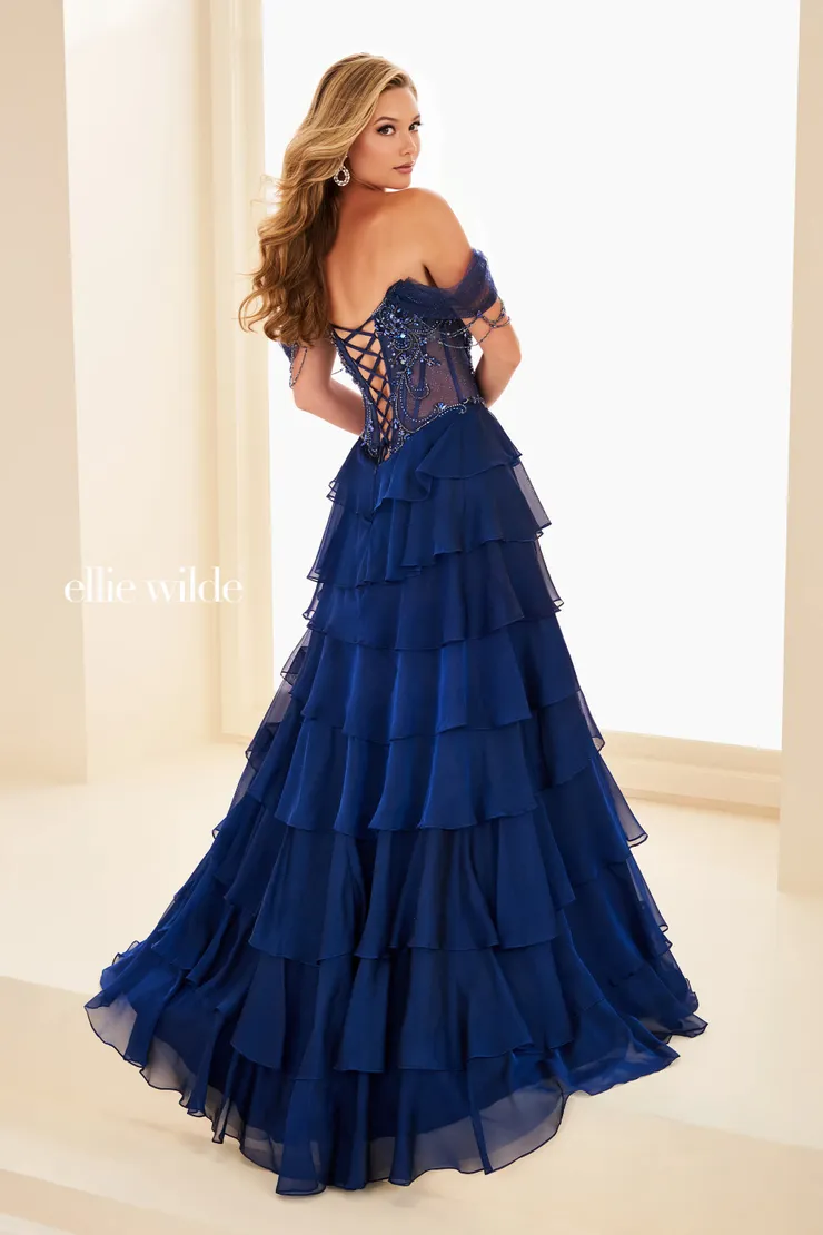 EW37018 Off-the-Shoulder Tiered Ruffle Gown w/ Beaded Accents #2 default Navy Blue backface vertical picture