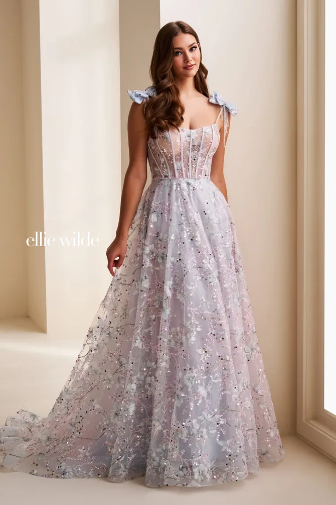 Embroidered Tulle Prom Gown w/ Corset & Detachable Bows