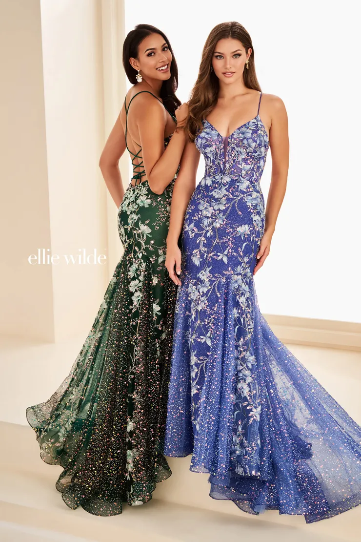 EW37021 Mermaid Prom Gown w/ Glitter Tulle & Corset #0 default Royal Blue/Multi Forest Green/Multi frontface backface vertical picture