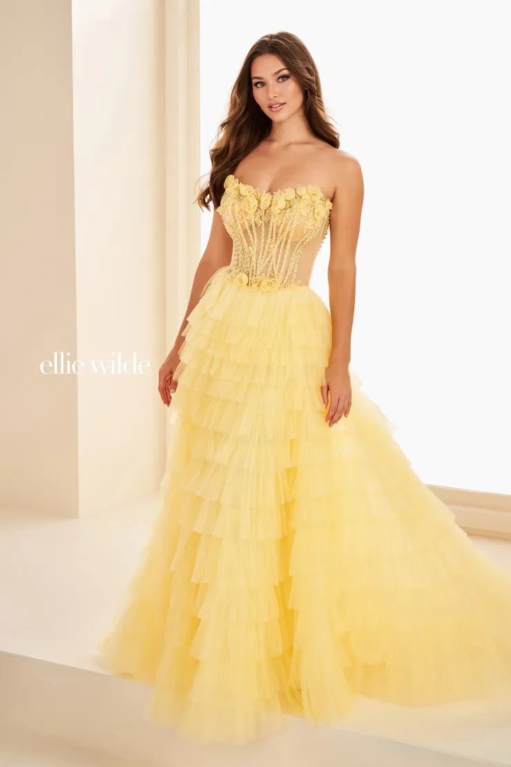 EW37026 Tiered Ruffle Gown w/ Sheer Corset Bodice #3 Canary Yellow frontface vertical picture