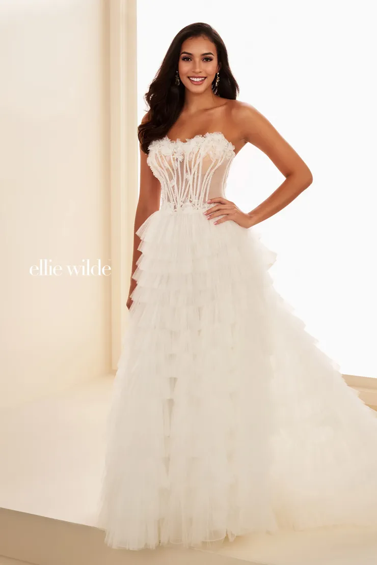 EW37026 Tiered Ruffle Gown w/ Sheer Corset Bodice #4 Diamond White frontface vertical picture