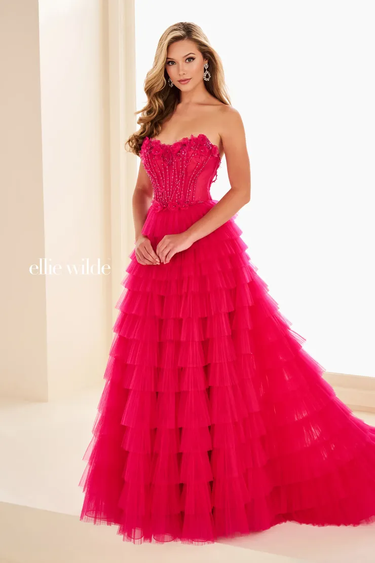 EW37026 Tiered Ruffle Gown w/ Sheer Corset Bodice #5 Magenta frontface vertical picture