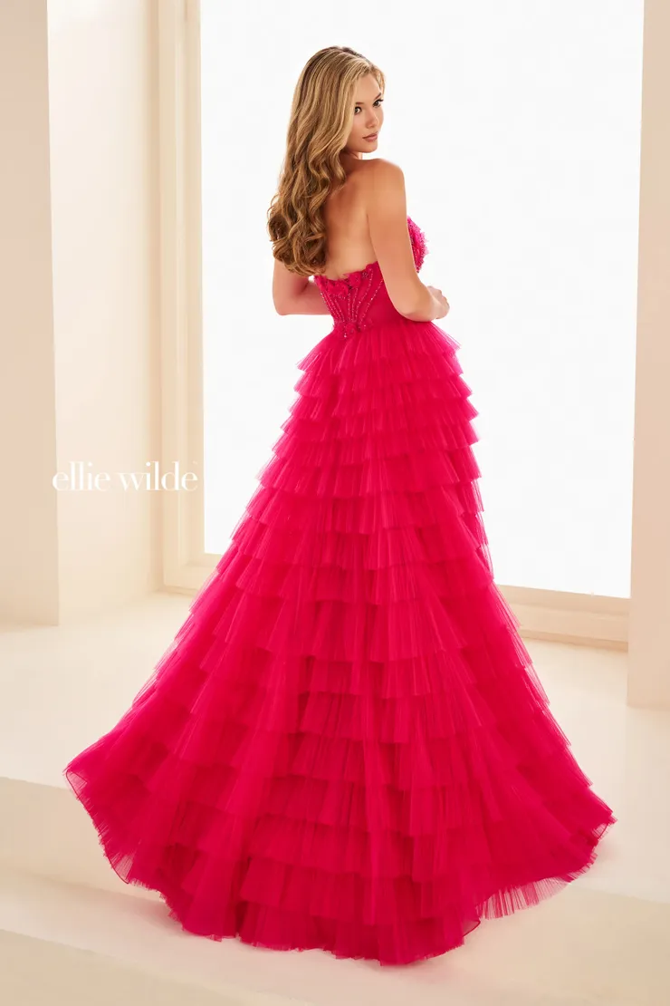 EW37026 Tiered Ruffle Gown w/ Sheer Corset Bodice #2 default Magenta backface vertical picture