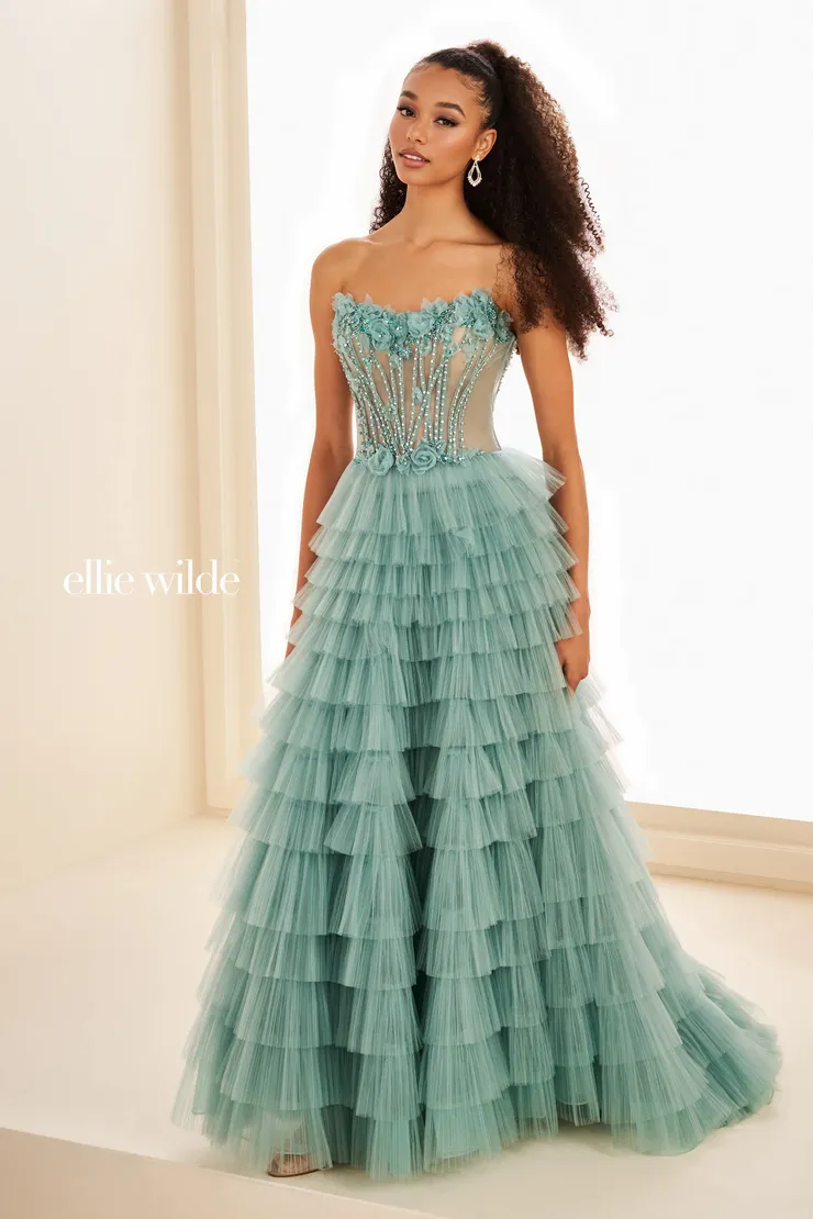 EW37026 Tiered Ruffle Gown w/ Sheer Corset Bodice #0 default Sea Mist frontface vertical picture