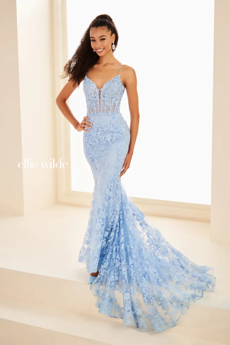 EW37027 Floral Lace Prom Dress w/ Plunging Illusion Neckline #3 Light Blue frontface vertical picture