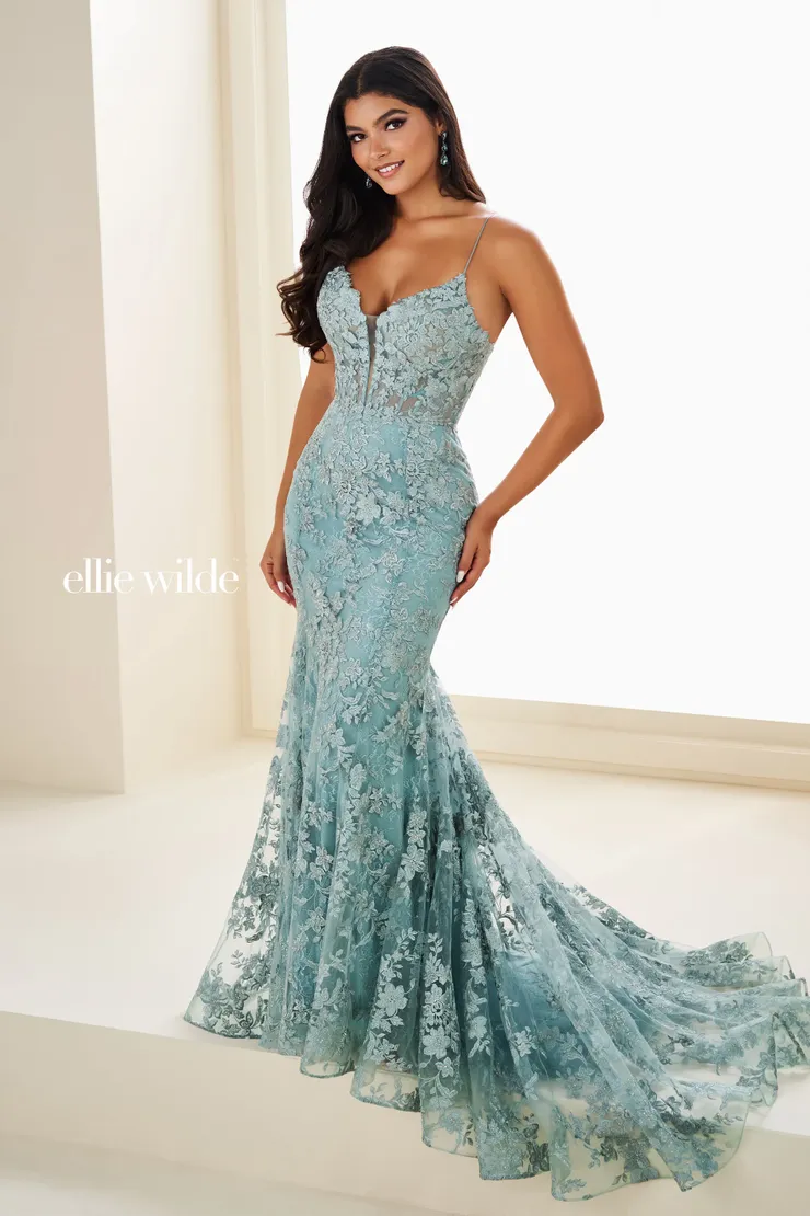 EW37027 Floral Lace Prom Dress w/ Plunging Illusion Neckline #0 default Sea Mist frontface vertical picture