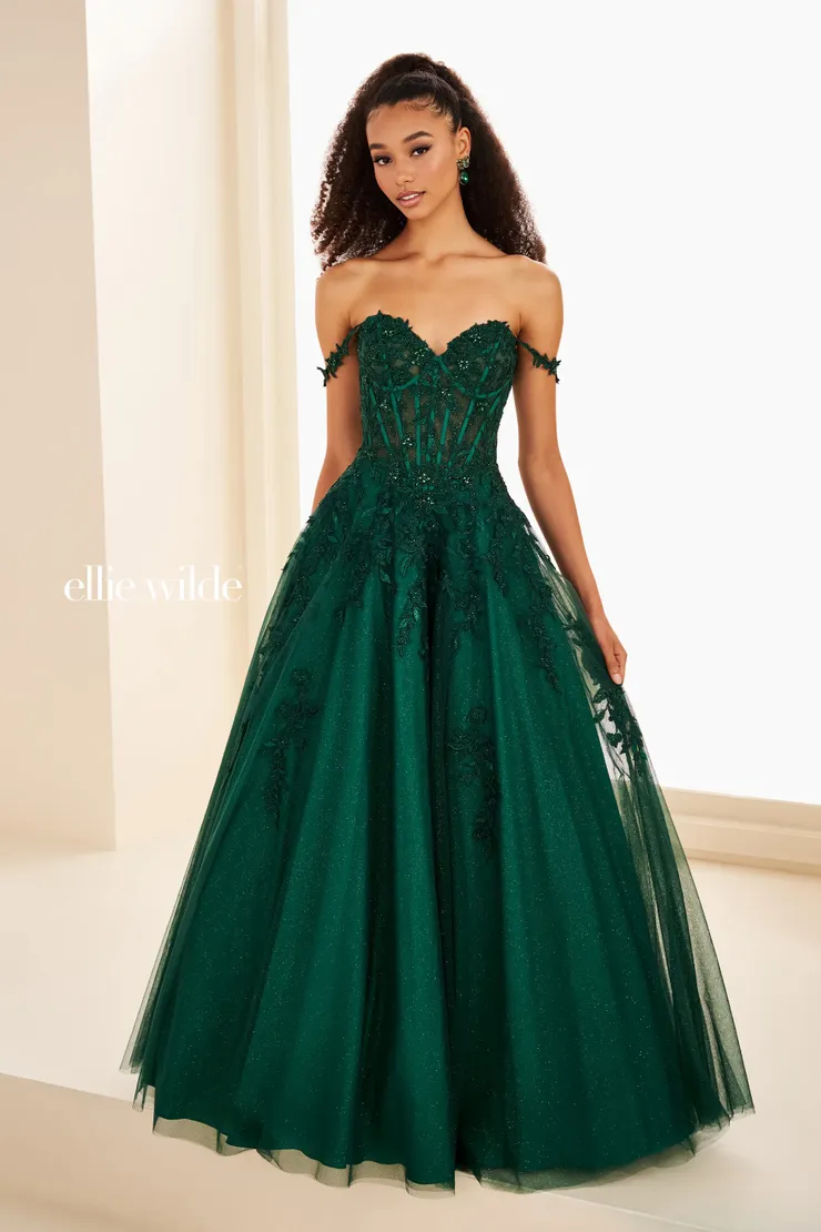 EW37028 Off-the-Shoulder Floral Dress w/ Sheer Corset & Pockets #5 Emerald frontface vertical picture
