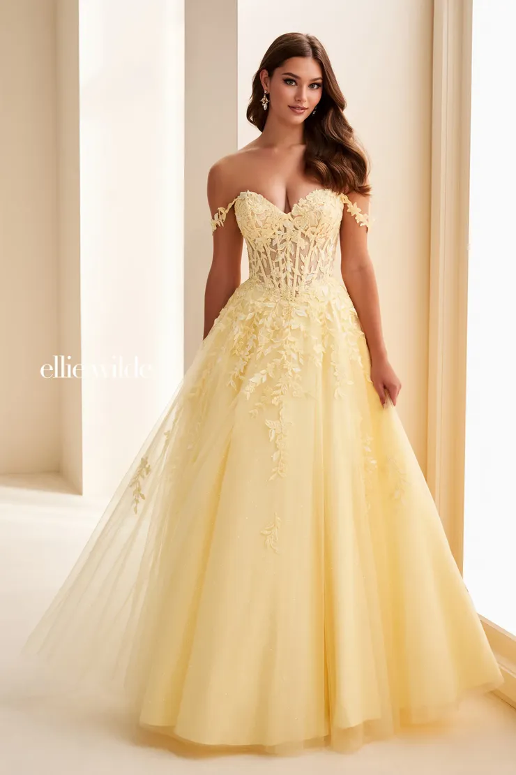 EW37028 Off-the-Shoulder Floral Dress w/ Sheer Corset & Pockets #0 default Light Yellow frontface vertical picture