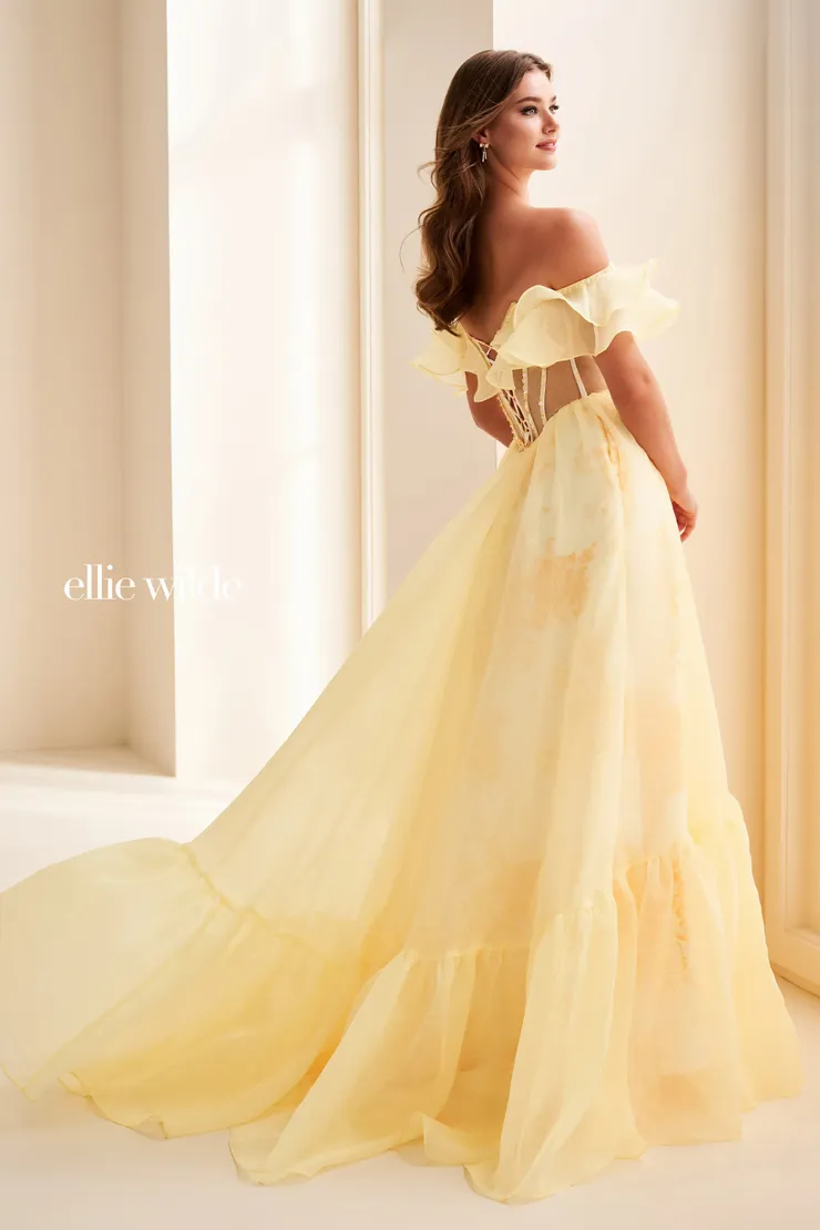 EW37029 Flowing Ball Gown w/ Detachable Organza Ruffle Collar #2 default Canary Yellow backface vertical picture