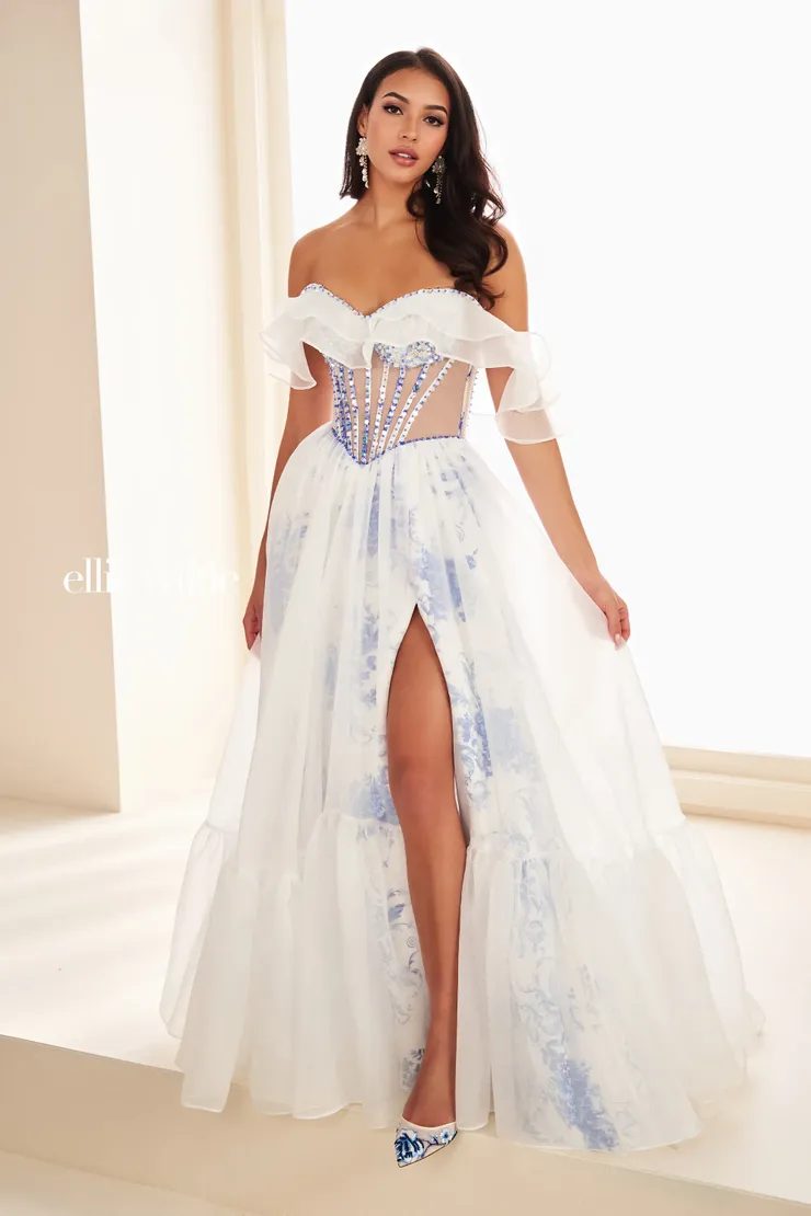 EW37029 Flowing Ball Gown w/ Detachable Organza Ruffle Collar #4 Ivory/Blue frontface vertical picture