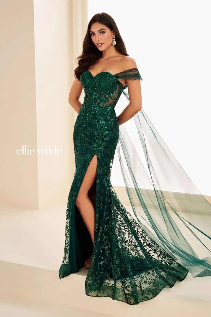 EW37030 Mermaid Dress w/ Detachable Glitter Tulle Cape #0 default Emerald frontface vertical picture