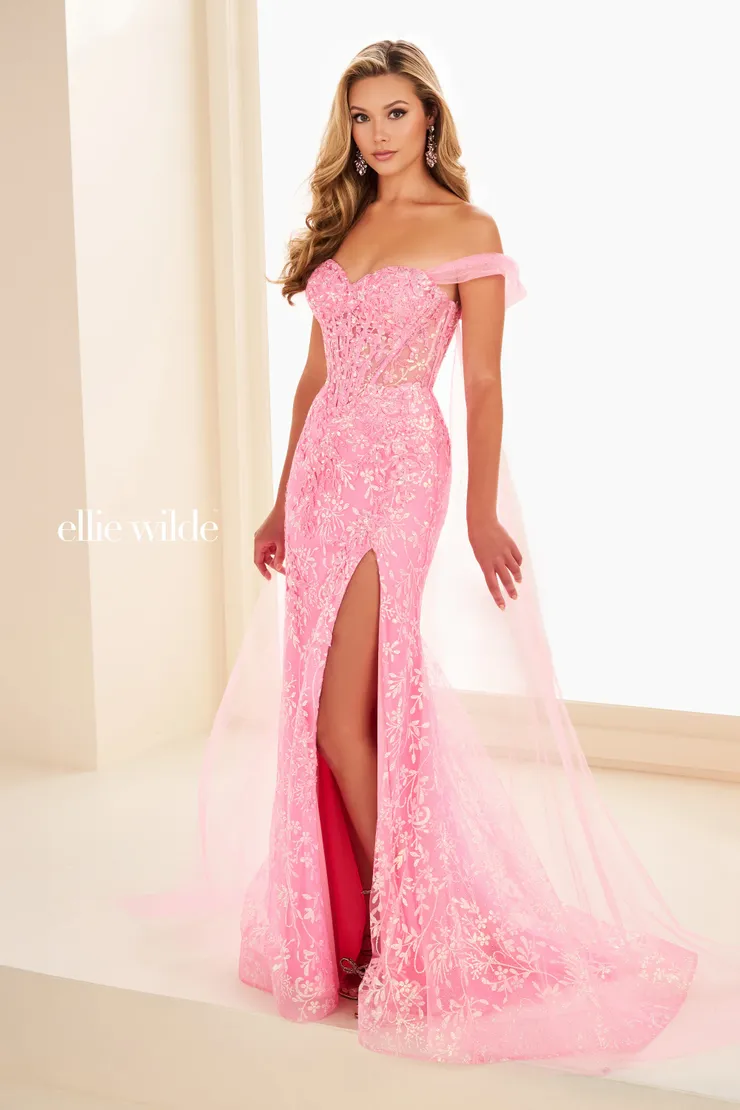 EW37030 Mermaid Dress w/ Detachable Glitter Tulle Cape #4 Hot Pink frontface vertical picture