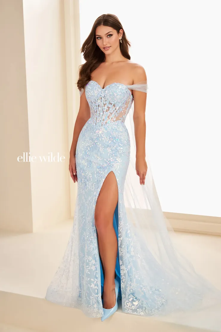 EW37030 Mermaid Dress w/ Detachable Glitter Tulle Cape #3 Light Blue frontface vertical picture
