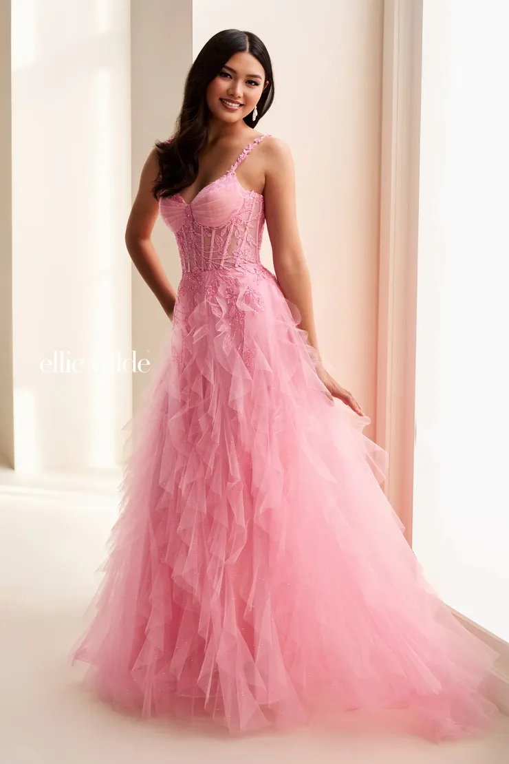 EW37031 Ball Gown Dress w/ Glitter Tulle & Lace #0 default Candy Pink frontface vertical picture